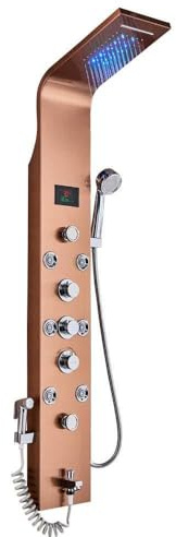 Bathroom Shower Faucet LED Shower Panel Column Bathtub Mixer Tap with Hand Shower Temperature Screen-Rose Gold A
