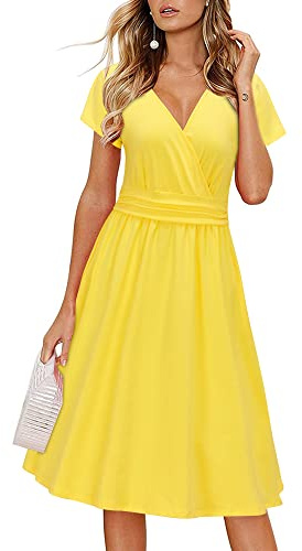 Newshows Summer Dresses for Women UK Short Sleeve V-Neck Faux Wrap Casual Midi Sundress with Pockets(Yellow,XL)