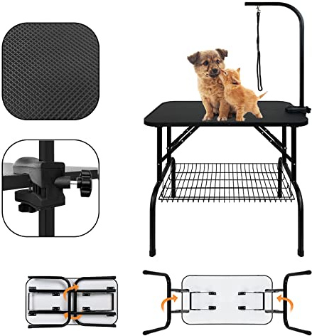 LZQ Table de toilettage pour chien - Table de toilettage pliable pour chat - Avec 1 boucle - Sangle de maintien rotative à 360° - Stable réglable en hauteur - Noir - 80,5 x 46 x 76 cm