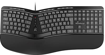 MediaRange Ergonomische Tastatur, kabelgebundene Multimedia-Tastatur mit 124 Tasten und Scroll-Rad, deutsches QWERTZ Layout, spritzwassergeschützt & höhenverstellbar, Farbe schwarz