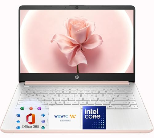 HP 14″Rose Gold Laptop, with Office 365 & Copilot AI, Intel Processor, 4GB RAM Memory, 64GB SSD, Lightweight Student Computer