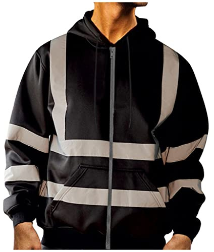Giacca di sicurezza riflettente da uomo, Full Zip Hi-Vis, abbigliamento da lavoro, protezione di avvertimento, felpa con cappuccio, felpa con cappuccio, Nero , L