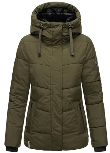 Navahoo Damen Winterjacke warme Steppjacke mit Kapuze und abnehmbaren Kunstfell-Kragen Sag ja XIV Dark Olive Gr. S