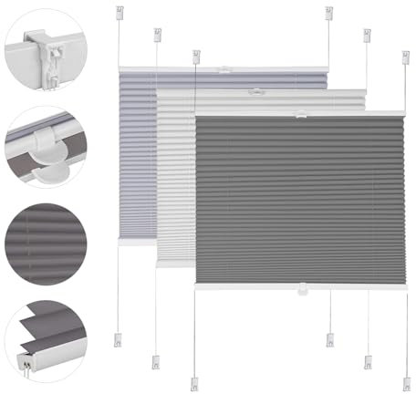 Sekey Plissee ohne Bohren Verdunkelung, Fenster Plissee Klemmfix Jalousie 80 cm breit, Verspannt Blickdicht Sonnenschutz Fensterollo, 80x150cm, Dunkelgrau