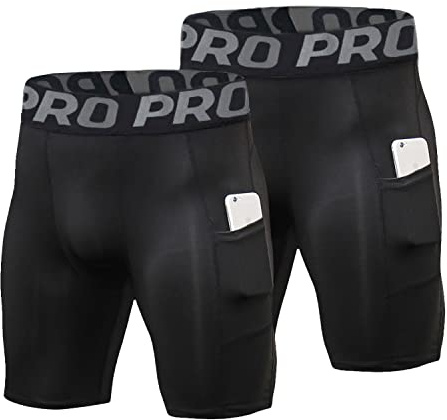 LNFINTDO Lot de 2 shorts de compression pour homme - Sous-vêtements fonctionnels - Short de sport - Short de course - Séchage rapide - Respirant - Avec poche pour téléphone portable, 2 x noirs, XL
