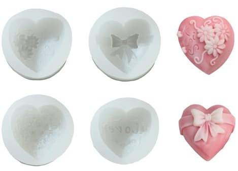 Stiesy 4 Pcs 4 Styles 3D Heart-Shaped Silicone Mold for Valentine Epoxy Resin Art DIY Love Heart with Flower Candle Mold Resin Casting Mold 3D Rose Soap Mold for DIY Decoration Candle Making Craft