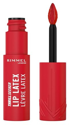 Rimmel Thrill Seeker Lip Latex, 400 Rimmel Red, Ultra-Smooth Finish, Lasts All Day, Transfer-Proof, Infused with Aloe Vera, Hyaluronic Acid and Vitamin E, Diamond-Like Shape Applicator, Vegan