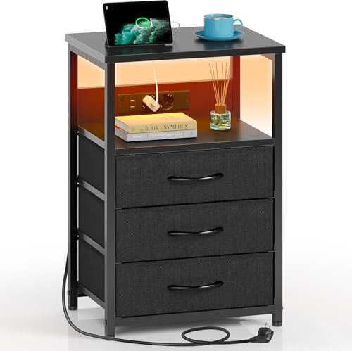 Rolanstar Nachttisch mit LED, Nachtschrank mit 3 Schubladen, Beistelltisch mit Ladefunktion, Platzsparend & Einfach Montiert für Schlafzimmer, Geeignet für Wohnzimmer, Schwarz
