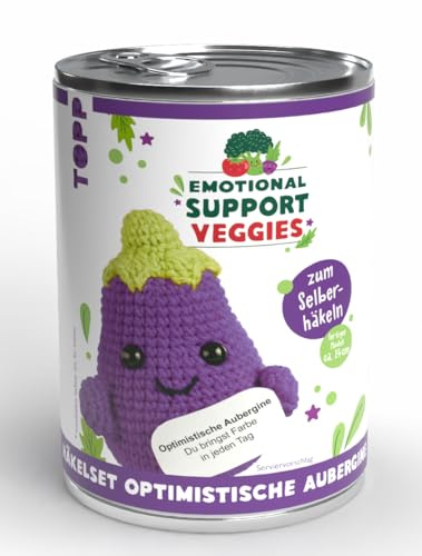Emotional Support Veggies Häkelset Aubergine: Anleitung, Misch-Garn in 2 Farben, Stickgarn, Füllwatte, Häkelnadel 2,0 mm, Sicherheitsaugen, Standfuß