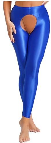 Agoky Legging Transparent Sexy Ouvert Entrejambe Femme Collant Brillant Taille Haute Legging De Danse Ballet Gym Extensible Bleu A XL