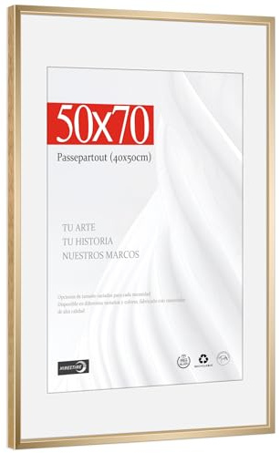 HIMEETIME® 1x Marco de Fotos 50x70cm Aluminio Metálico Cepillado Champán Dorado，Passepartout 40x50cm，Marco para Póster Grande de 50x70 cm - Solo para Montaje en Pared