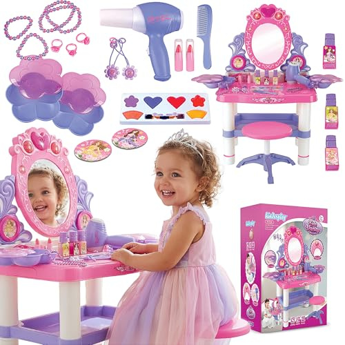 Kinderplay Tavolo da toeletta rosa per bambini con bacchetta magica e accessori | Tavolo da toeletta per bambini con specchio, cassetto, sgabello e set da trucco – giocattolo di ruolo,