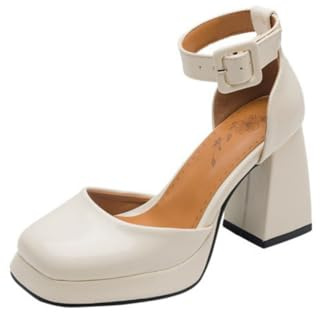 Generico Donna Vernice Scarpe da Vestito da Sposa Cinturino alla Caviglia Décolleté da Plateau con Fibbia Tacco A Blocco Alto Scarpe da Sposa E Damigella,Bianca,44 EU
