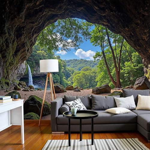 Fotomural Papel Pintado Para Pared Verde Esmeralda Cuevas Naturales De Roca, Art Papel Tapiz Fotográfico Mural 200X140Cm Cascada Forestal Decoración De Pared Sala Cuarto Oficina Salón