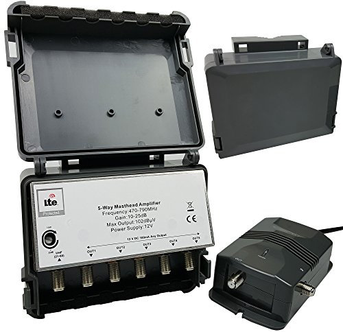 5 Port Outdoor Masthead Amp | 5 Way Output Aerial Amplifier & Power Supply Unit (PSU)| F-Type Signal Splitter Booster Box | DC 4G LTE Digital TV Home | Loops