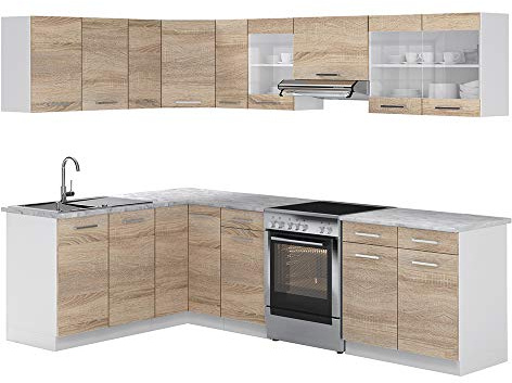 Vicco Cucina ad angolo Rick, Sonoma/Bianco, 270 x 60 cm, PL Marmo, con moduli combinabili in modo variabile e piedi regolabili in altezza