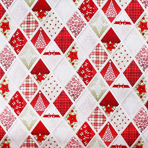 Tela al metro de algodón para Decoración Navideña, con diseño de rombos, árboles rojos, 280 cm de altura