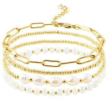Pymach Dainty Gold Plated Pearl Crystal Beaded Bracelets Set for Women 14K Gold Plated Bead Pearl Beads Bracelet Stackable Paperclip Link Chain Bracelets Gold Plated Bracelets for Women Trendy Jewelry