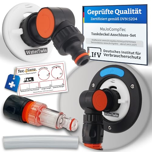 MaJoCompTec® WATERTWIN Juego de adaptador de tanque y filtro de agua | Accesorio de tapa de tanque de agua para autocaravana | Conector de llenado compatible con Gardena (Adaptador de 3 pines D:78 +