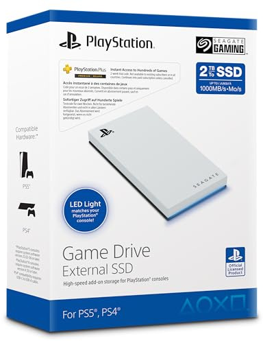 Seagate Game Drive for PS5 External SSD 2TB, Solid State Drive, USB 3.2 Officially Licensed White with Blue LED lighting, Data Rescue Services (STMH2000100)
