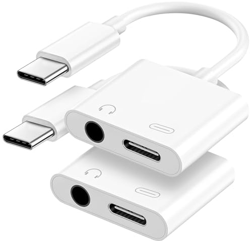 USB C to 3.5mm Headphone and Charger Adapter, 2-Pack Type C to Aux Jack Dongle Cable Cord with PD Fast Charging for iPhone 15/16/17 Pro/Max/Plus, iPad, Samsung Galaxy S22/S23/S24 Ultra (White)