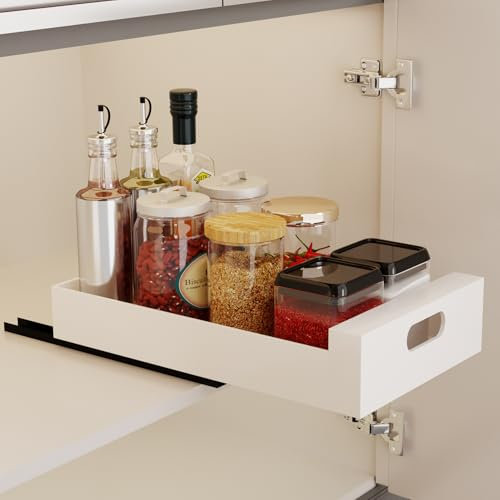 QWORK® ausziehbare schublade küche, teleskopschublade in weiß, 43 cm x 25 cm x 9 cm, Klebemontage, hochwertiger kohlenstoffstahl