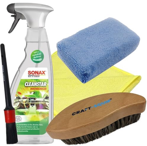 Craft-Equip Reinigungs-Set bestehend aus dem SONAX 750ml Cleanstar Innenreiniger + Craft-Equip Microfaser Applikator/Lederbürste/Detailing Pinsel/Microfasertuch