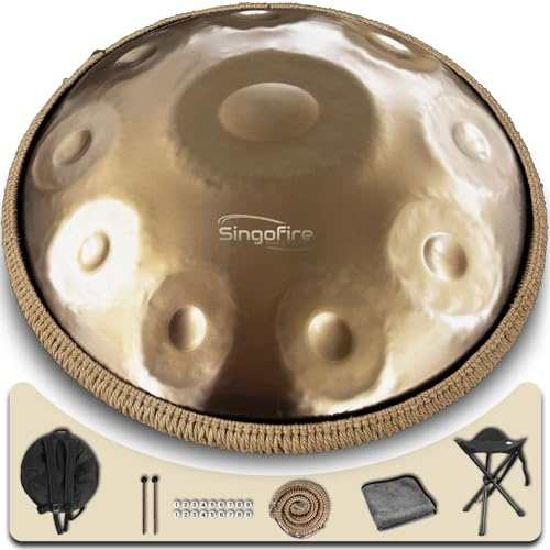 SINGOFIRE Handpan Drum 22 Inch, 432Hz 10 Notes D Minor Kurd, Gold