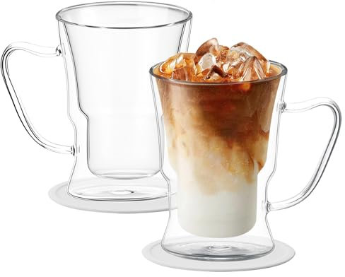 FOGAWA 2PACK Double Walled Glass Coffee Mugs 350ml Latte Glasses Coffee Glasses with Handle Iced Coffee Cup Insulated Glass Cups Heat Resistant with Coasters for Cappuccino Juice Tea Milk Beer