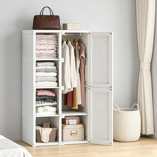 KRYZOR Sovrumsskåp 69 x 50 x 136 cm – 5 förvaringsfack – bärbara skåp med upphängningsstång och hyllor – förvaring vit (50 x 69 x 136 cm)