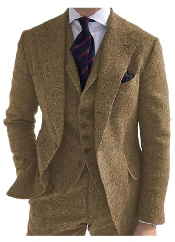 MDYTPT Completo invernale da uomo per matrimonio, abito formale da sposo, a spina di pesce, alla moda, 3 pezzi (giacca + gilet + pantaloni), Marrone, L