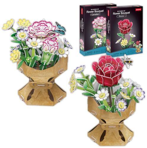 Puzzle 3D Fleur DIY Rose + Oeillet | Pack de 2 Puzzle 3D Adultes et Enfants | Maquettes à Monter de Fleurs Artificielles | 120 Pièces | Puzzles 3D | Cadeaux Saint Valentin ou Noël