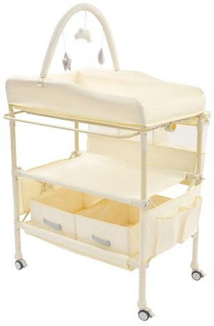 YOICUATGNA Cómoda cambiador portátil con cesta, estante para juguetes, cinturón de seguridad, pequeña piscina de agua, altura ajustable, mesa de cambio de bebé plegable, amplio espacio de