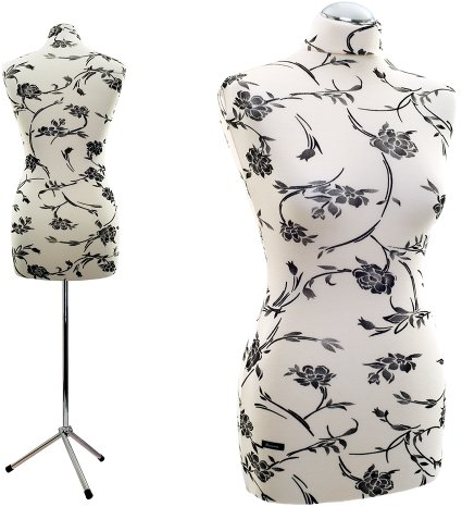 Schneiderpuppe | zum Probierpreis! | LUCCESI | Größen S - XL (Female ♀) Torso Size: L (Large/40-42) | Bezug Creme-Weiss/florales Muster (schwarz) | Metall-Dreibein (Chrom) | Damen - Schaufensterpuppe