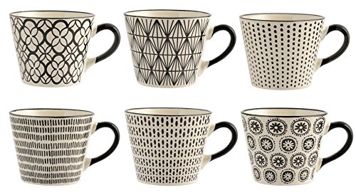 H&H, Set de 6 Tasses à Petit-Déjeuner Vhera en Stoneware - Décor Géométrique et Floral Noir sur Fond Blanc, Compatible Lave-Vaisselle et Micro-Ondes