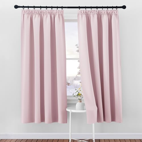 PONY DANCE Blackout Pencil Pleat Curtains, Light Pink, W46 x L72, 2 Panels | Thermal Insulated Curtains with Noise Reducing & Privacy, Luxury Soft Window Treatment for Bedroom & Living Room