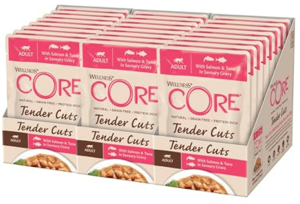 Wellness CORE Tender Cuts 24 x 85g, Salmone/Tonno – Morbidi Pezzi per Gatti Adulti, Senza cereali, Naturale, Ipoallergenico, Ricco di Proteine, Alto Contenuto di Pesce,