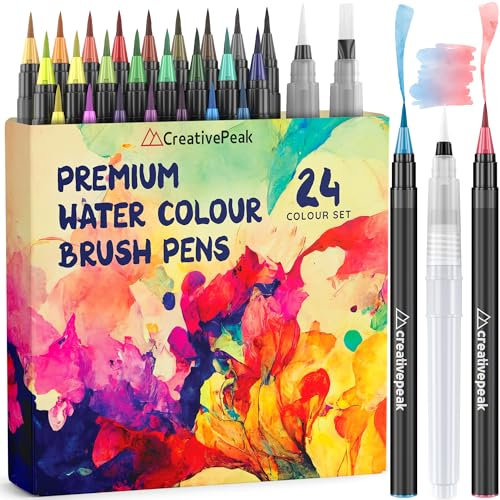 Creativepeak Aquarell-Pinselstifte, 24 lebendige Farbmarker mit weicher Spitze und 2 Mischpinseln, Aquarell-Pinselstift-Set für Kalligraphie und Schrift