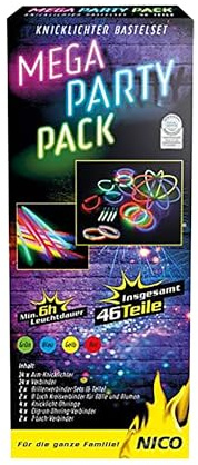 Nico Europe® - Juego de 46 barras luminosas con pulseras, gafas, pendientes y varios conectores, varillas luminosas en colores neón, 6 horas de duración mínima