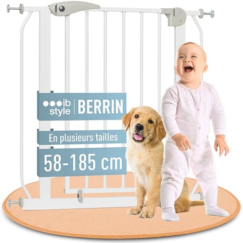 IB STYLE Cancelletto per Bambini di Sicurezza Berrin 58-185 cm - Scale e Porte, Senza forature, Metallo, 90° Stop, Protezione neonati, Bianco, 118-126 cm