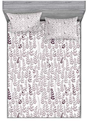 ABAKUHAUS Blumen Buntes Spannbetttuch- und Kissen-Set, Retro-Blätter und Zweige, Dekoratives und Bedrucktes 3-teiliges Bettwäscheset, 150 cm x 200 cm, Aubergine und Weiß
