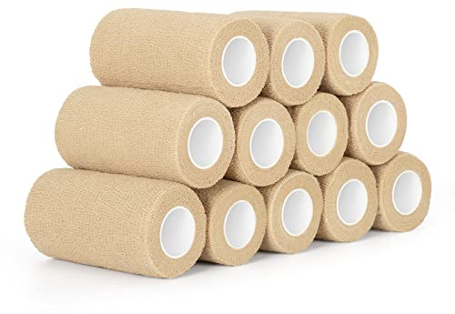 12 Rotoli Fasciature Benda Elastica Bendaggio Autoadesivo 10cm x 4,5m Benda Coesiva Adesiva Nastro Bendaggio Sportivo Non Tessuto per Mani, Piedi, Ginocchia, Braccia (Colore della Pelle)