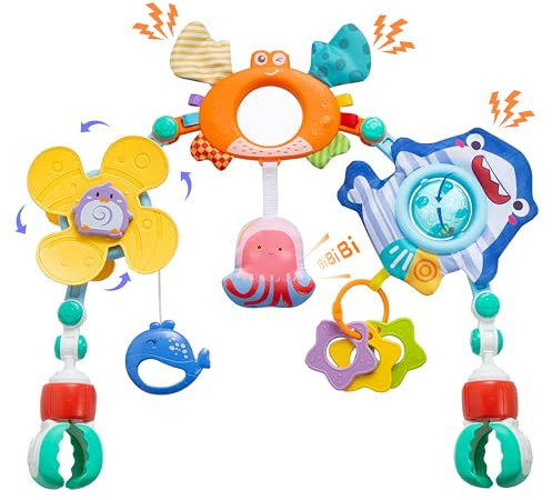 Baby Stroller Arch Toy, Car Seat Toys, Adjustable Arch Stroller toy with Hanging Sensory Activity toys,fits on Baby Bouncer, Bassinet, Stroller, Crib and Car Seats for baby infant Boy Girl 0-18 Months