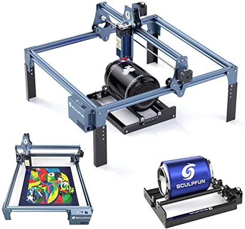 SCULPFUN S9 Grabadora láser con rodillo giratorio, efecto láser de 90W, rotación de 360°, cortador laser kit para grabado láser en madera, acrílico, metal
