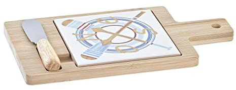 DKD Home Decor Tabla para quesos Color Azul y Blanco Natural, de bambú, gres y Acero Inoxidable (21,5 x 11,8 x 1,5 centímetros) (3 Piezas)