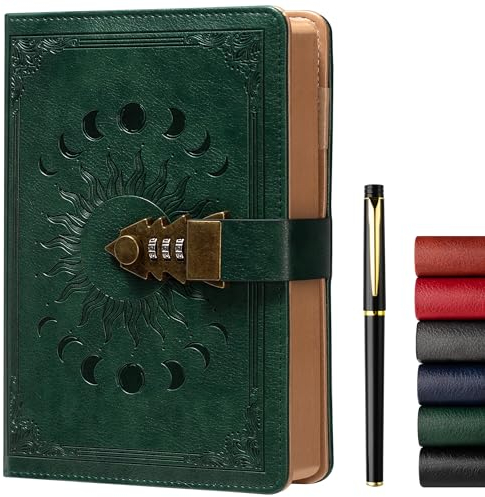 ZXHQ Tagebuch mit Schloss für Frauen/Männer, geheimes Tagebuch für Mädchen, A5 Notizbuch mit Stift Set, nachfüllbares Leder Journal Schreiben Notizbuch mit Stift, Größe A5(8.5 × 5.9 Zoll) Schwarzgrün