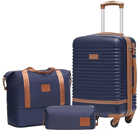 COOLIFE Koffer Set 3-TLG: Handgepäck + Reisetasche | ABS Hartschale Leicht, 360° Räder & TSA-Schlösser Für Europa, Kreuzfahrt & Auslandsstudium – Familienurlaub Essentials Blau/Braun