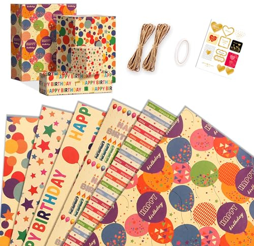 Geschenkpapier, Recycling-Geschenkpapier, 6 Blatt 70 * 50 cm braunes gefaltetes Papier mit Jutesaiten, Aufklebern und Schleifen für alle Geburtstagsanlässe