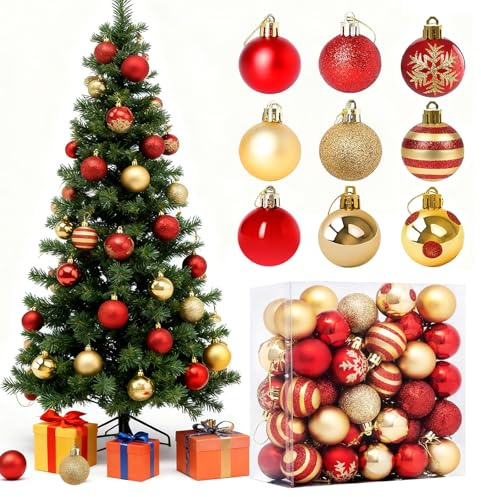 Sadodo Christmas Baubles, Xmas Tree Decorations,Pack 50Pcs 9 Styles 1.6 inch Christmas Balls Ornaments, Red and Gold Snowflakes Set, Xmas New Year Hanging Orament