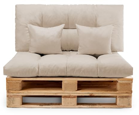 Diverpuff - Set Cojines para Palets con Asiento 120x80 + Respaldo 120x60 + Decorativos 35x35, Interior y Exterior (Beige, Set Completo)